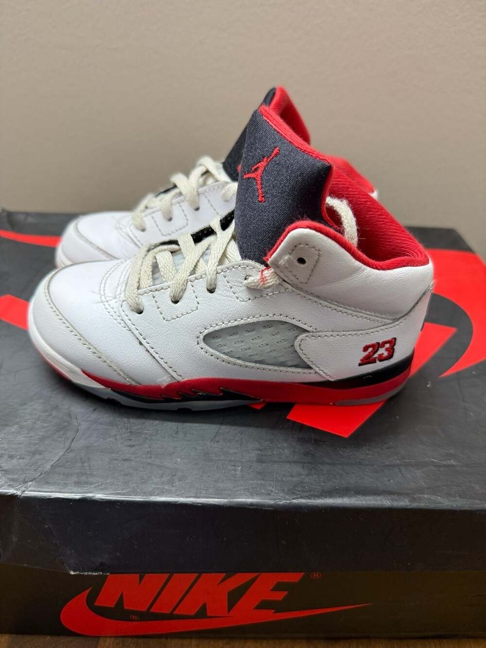 Jordan 5 Retro TD Fire Red White Black Tongue Toddler Shoes